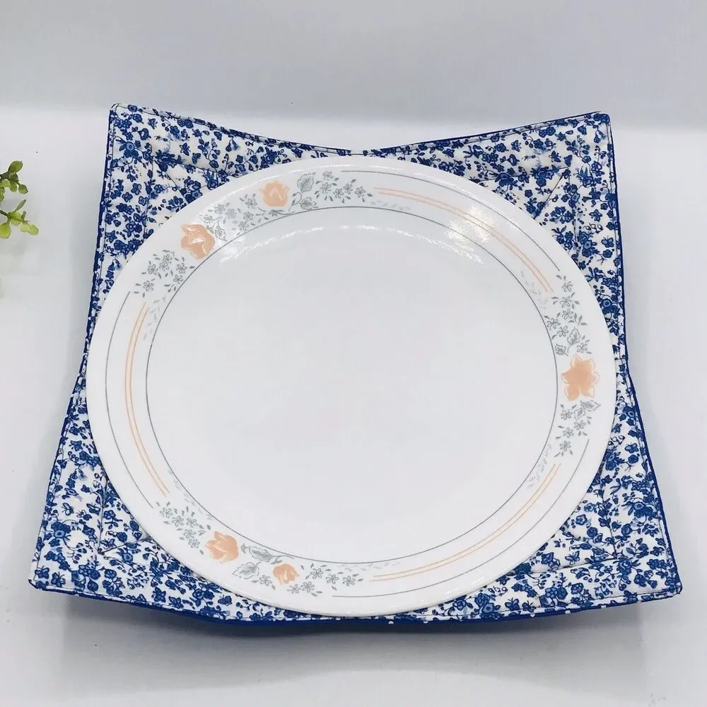 3 Piece Set Microwave Cozies, Reversible Colonial Blue Floral, Plate, Bowl, Pint